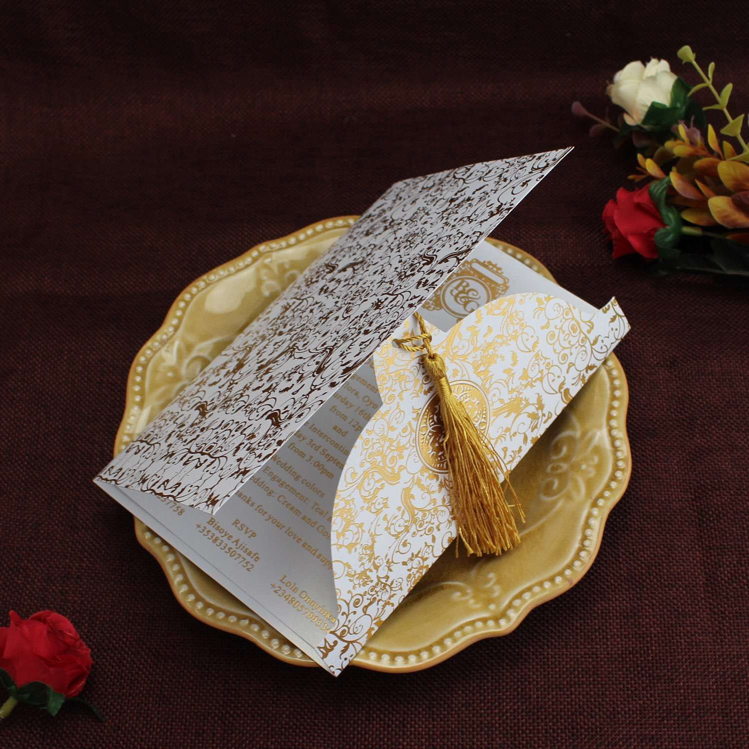 Pocket Invitation Card with Tassel Foil Printing Wedding Invitation Customized 
